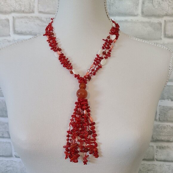 Red Coral Tassel Necklace Shell Glass Beads Hand Knotted - Picture 1 of 8